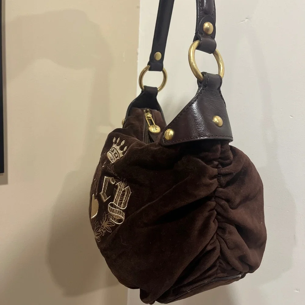 Juicy Couture Vintage Brown Velour Hobo Bag Crown Logo Gold Embroidery Y2K